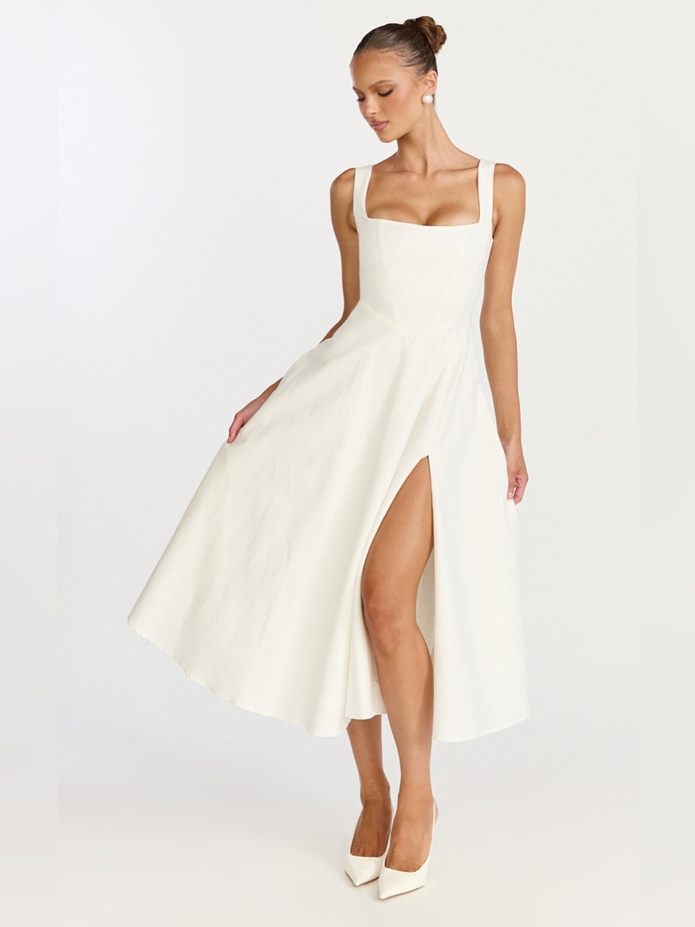 SHOWPO Bernie Square Neck Strapped Full Circle Skirt Midi Dress In White - Picture 4 of 9